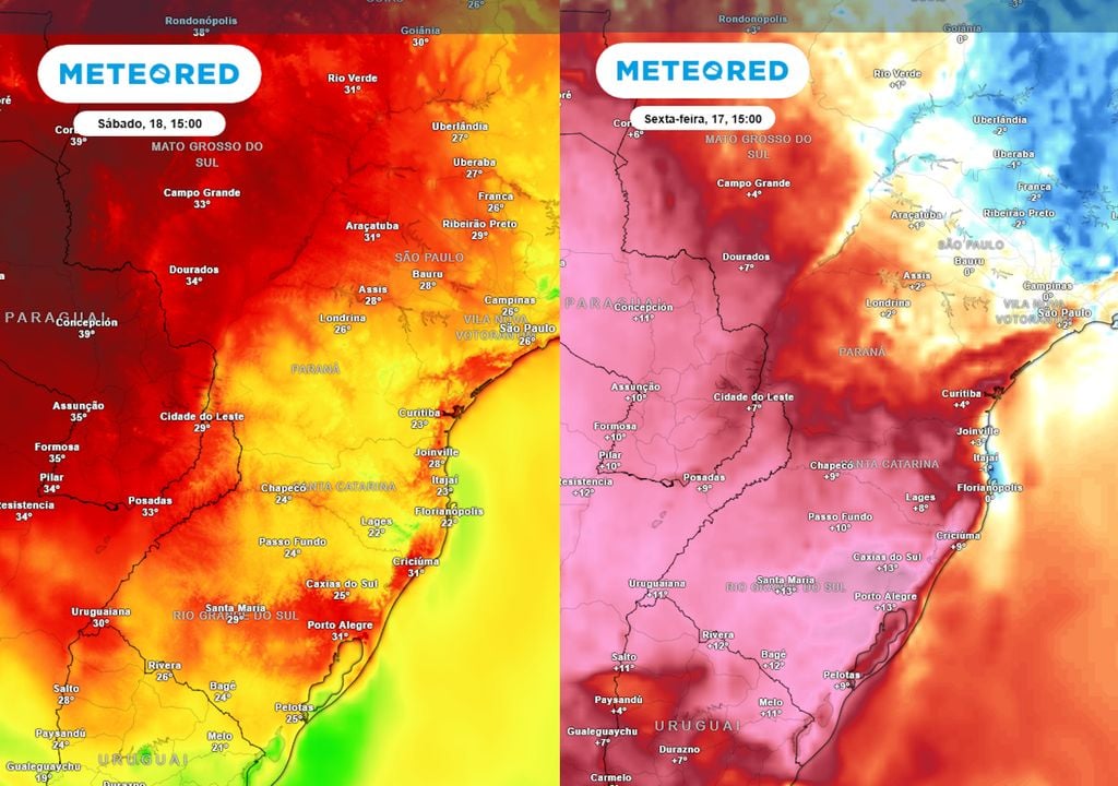 Previsão de temperaturas máximas e anomalias na sexta-feira durante a tarde. Previsão de temperaturas máximas e anomalias na sexta-feira durante a tarde mostra que as temperaturas podem chegar a 31°C em Porto Alegre, valor mais de 10 graus acima da média.