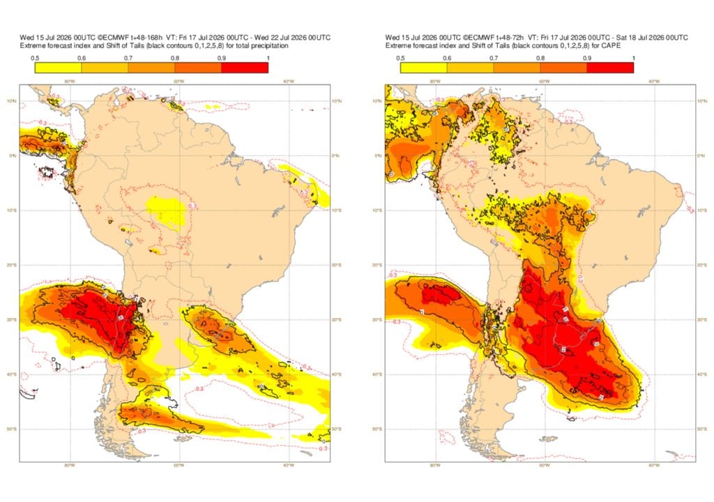 Índice de Previsão Extrema (EFI) para chuva (esquerda) e CAPE (direita). Índice de Previsão Extrema (EFI) para chuva (esquerda) e CAPE (direita) mostra que os próximos dias serão propícios à formação de volumes de chuva extremos e tempestades severas.