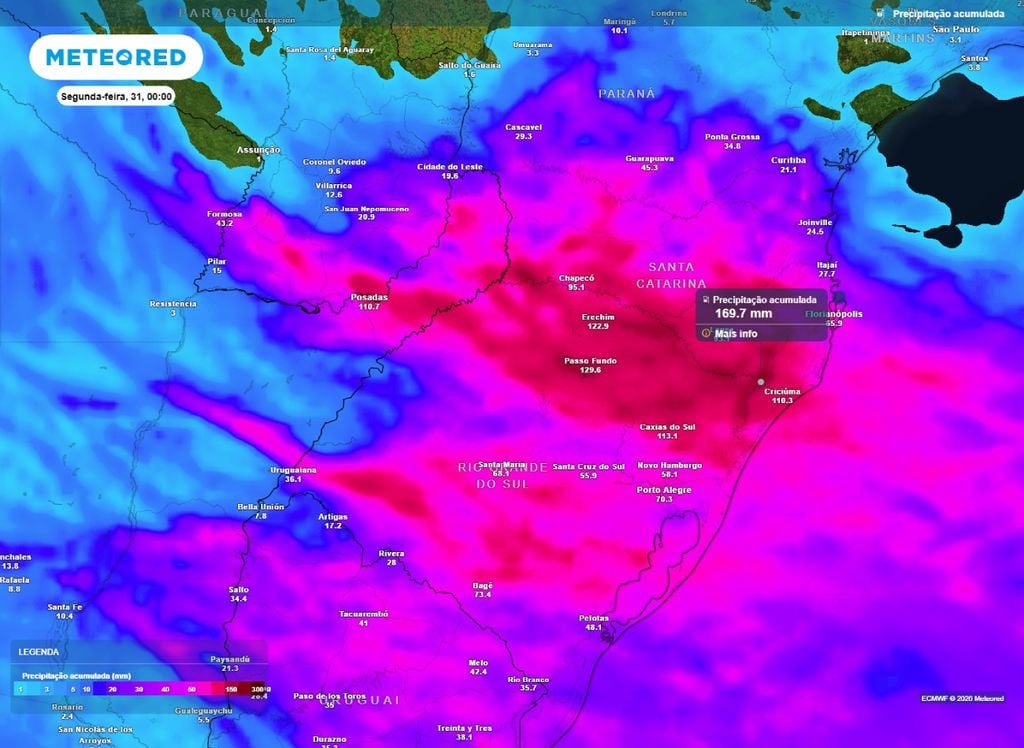 Mapa de precipitação acumulada até domingo (30).