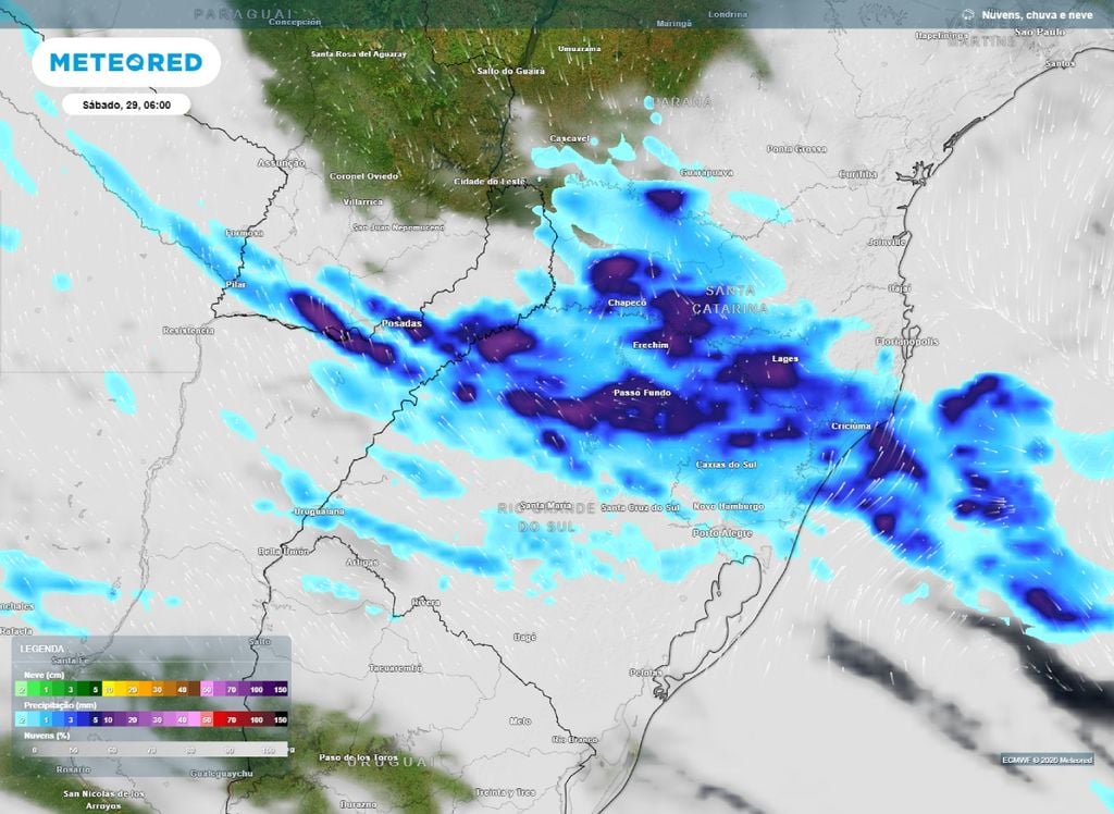 Precipitação e nuvens previstas para a manhã de sábado (29).