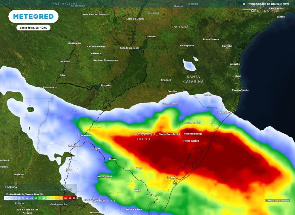 Mapa mostra a probabilidade de chuva sobre o Rio Grande do Sul e Santa Catarina ao meio-dia de sexta-feira (28).