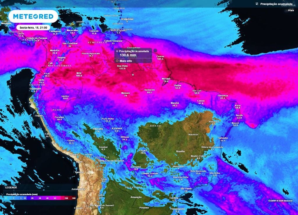Previsão do acumulado de precipitação (em mm) entre hoje (11) e a noite (21h) de sexta-feira (15), segundo o modelo europeu ECMWF.