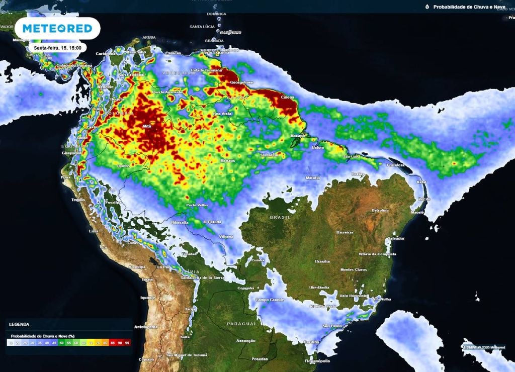 Previsão da probabilidade de precipitação (%) para sexta-feira (15) à tarde (15h), segundo o modelo europeu ECMWF.