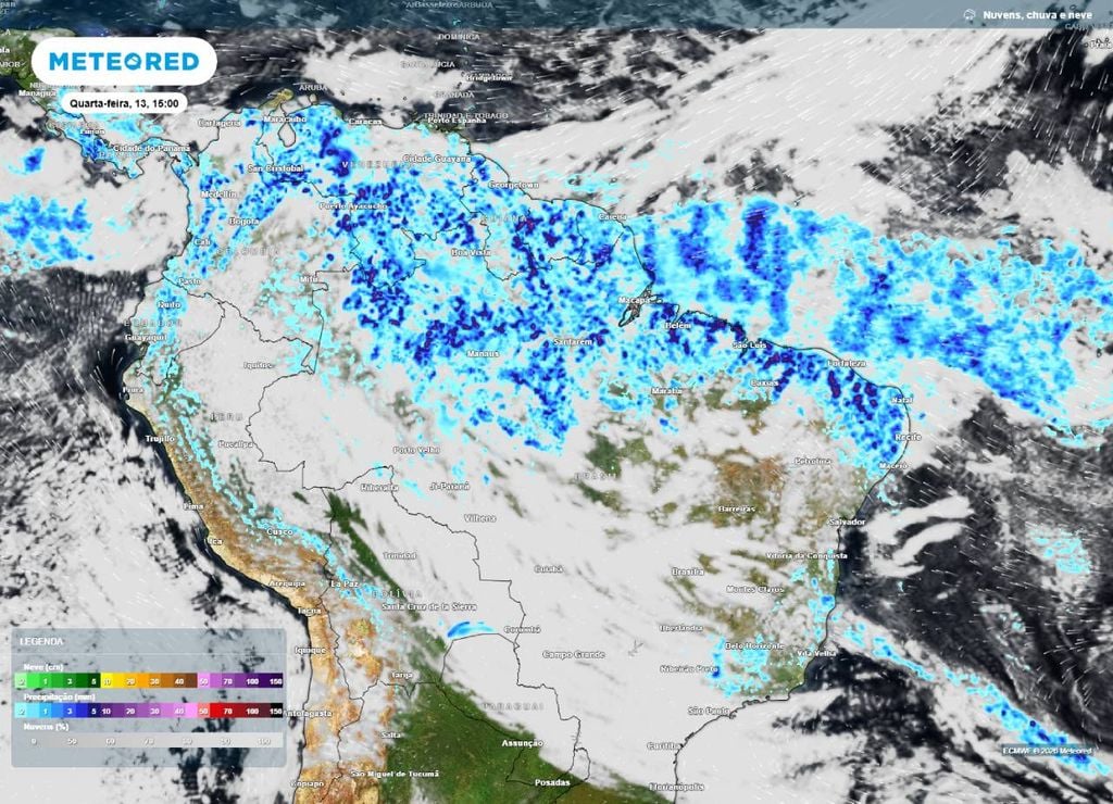 Previsão de precipitação (em mm) e nebulosidade para quarta-feira (13) à tarde (15h), segundo o modelo europeu ECMWF.
