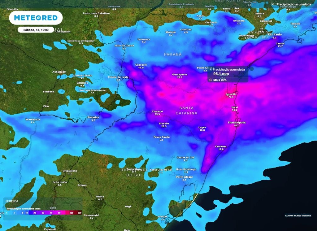 Chuva acumulada. Precipitação acumulada sobre SC e PR até meio-dia desta sábado (15).