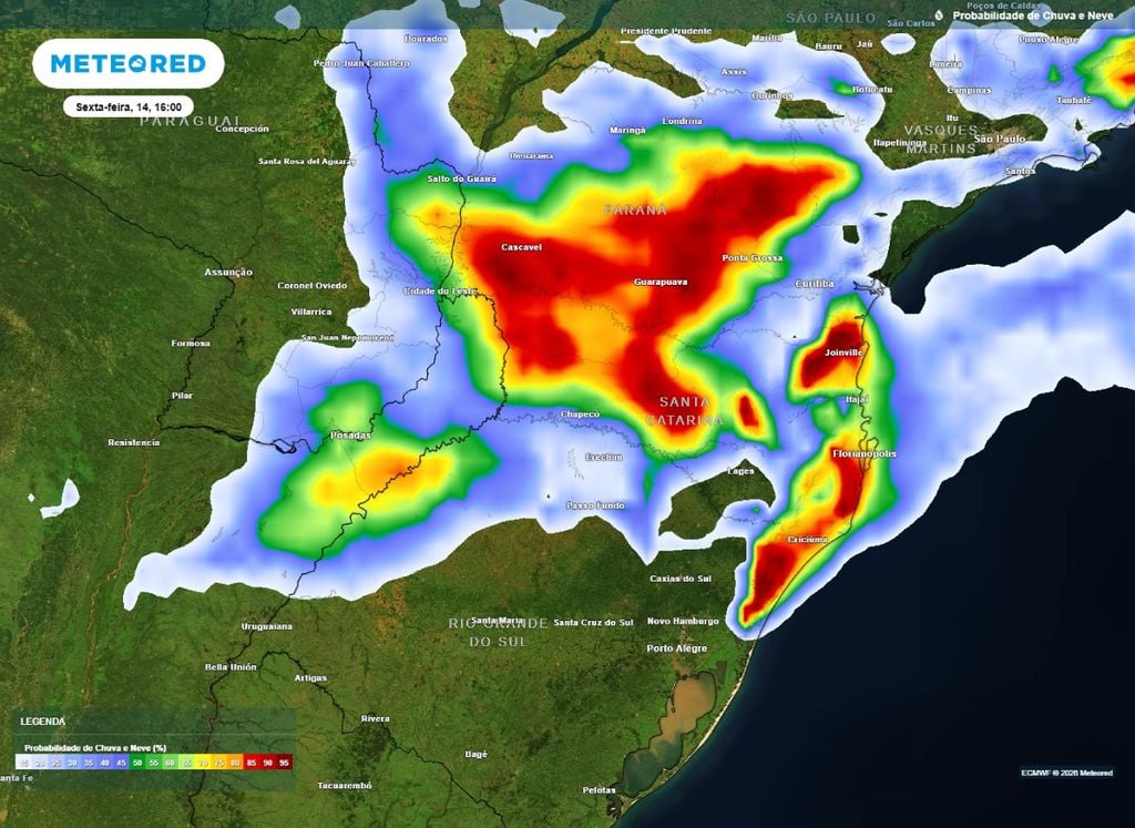 Probabilidade de precipitação. Mapa de probabilidade de chuva sobre o Sul do Brasil na tarde desta sexta-feira (15).