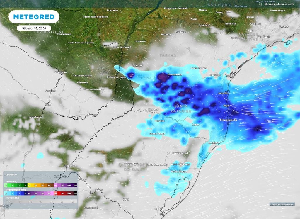 Precipitação. Mapade previsão de chuva e nuvens para a madrugada de sábado (15).