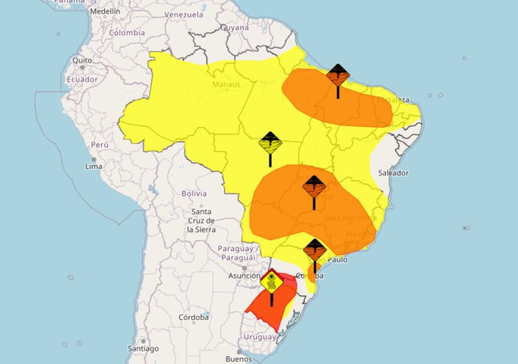 Alertas emitidos pelo INMET nesta quarta-feira ilustra regiões de risco devido a chuvas fortes.
