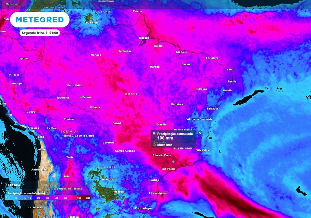 Previsão de acumulados totais de chuva até o final da próxima segunda-feira mostra que pode chover até 200 mm, com destaque para SP, MG e RJ, além de estados do Centro-Oeste.