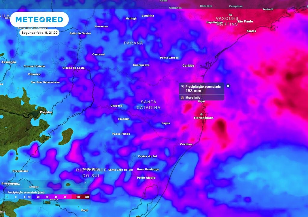 Destaque dos acumulados para Santa Catarina mostra que, a partir de Sábado, chuvas intensas atingirão o estado, com destaque para a região litorânea e a capital Florianópolis.