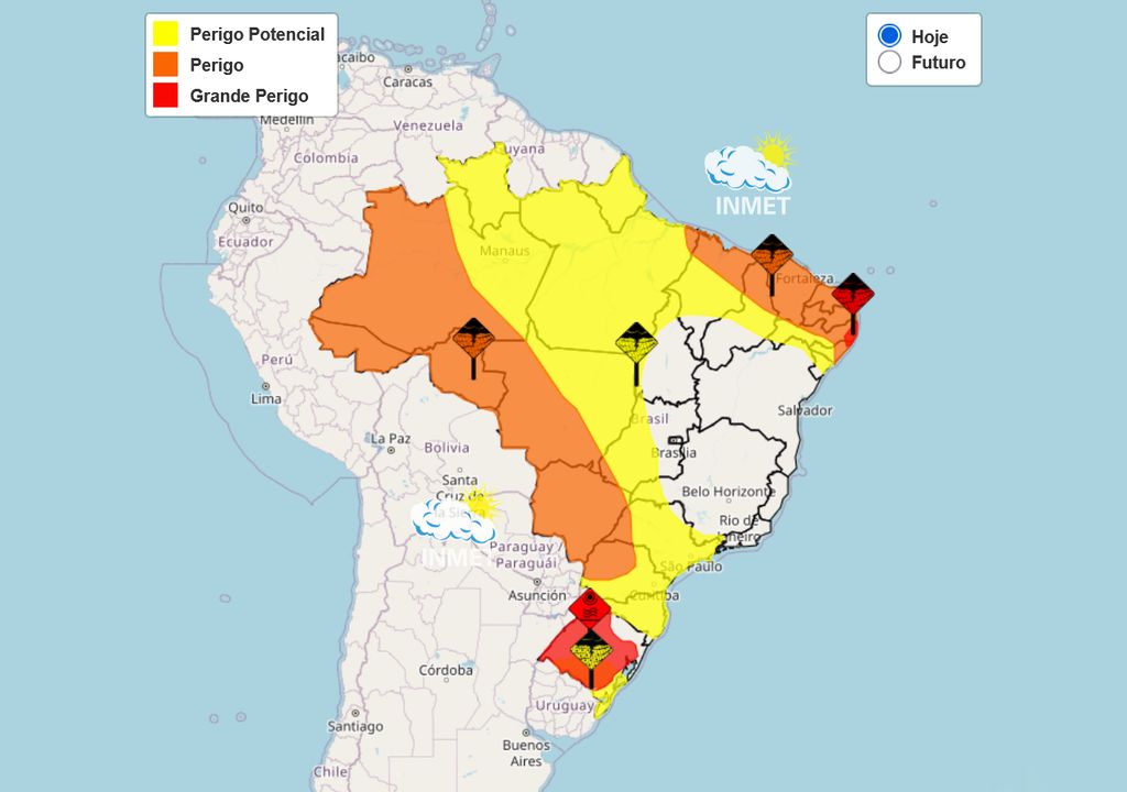 Mapa de avisos emitidos pelo INMET nesta quarta-feira.