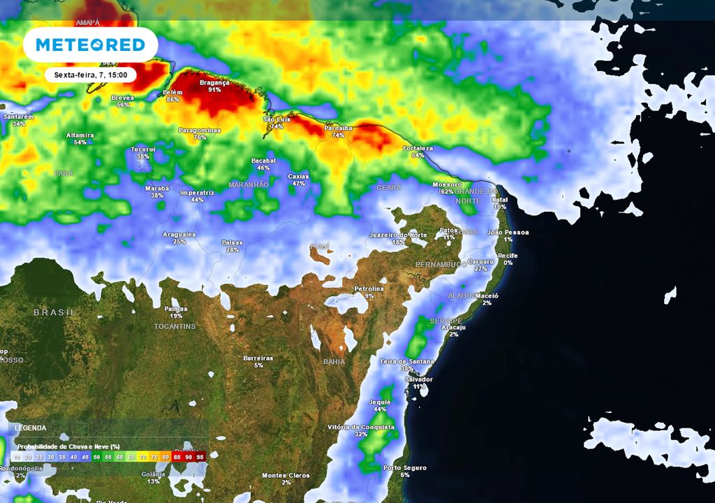 Previsão de probabilidade de chuva na sexta-feira durante a tarde.