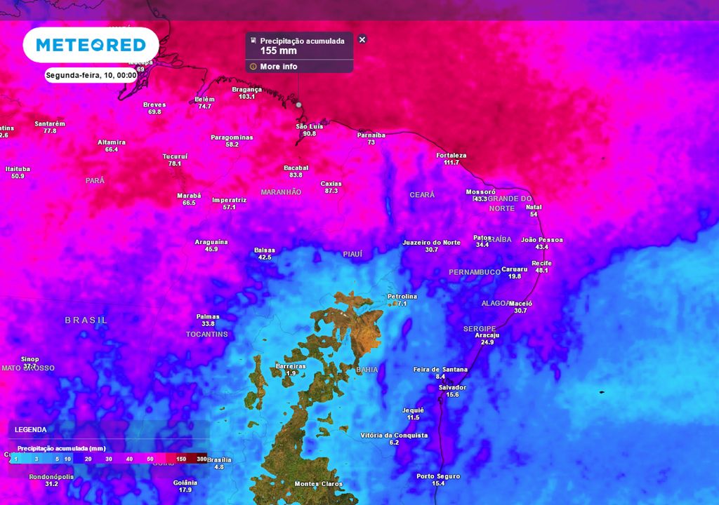 Previsão de acumulados totais de chuva até o final do próximo domingo.