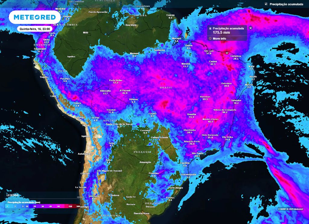 Previsão do acumulado de chuva entre a quarta-feira (15) e quinta-feira (16), de acordo com o ECMWF.