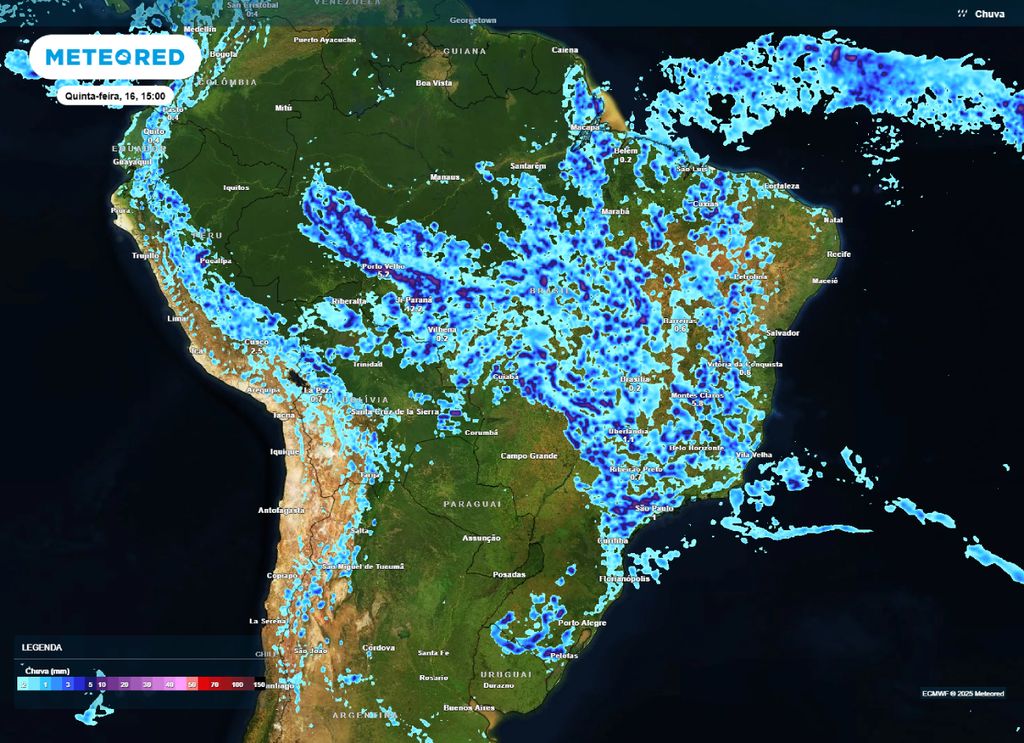 Previsão de chuva para a tarde desta quinta-feira (16), de acordo com o ECMWF.