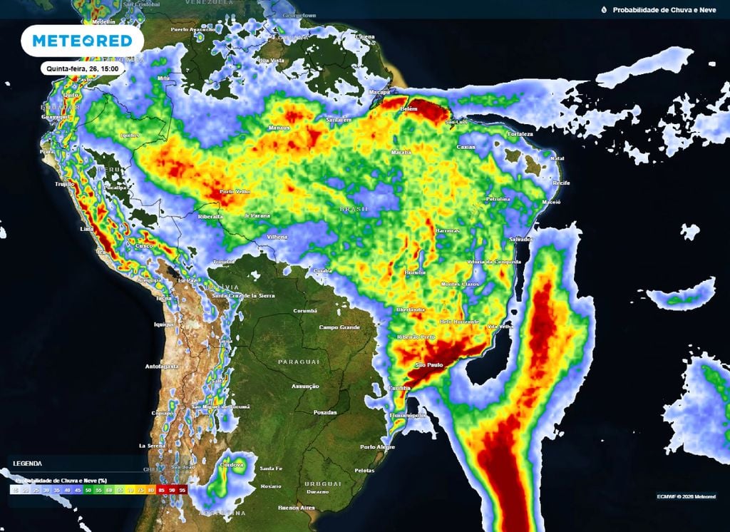 Probabilidade de chuva para esta quinta-feira (26).