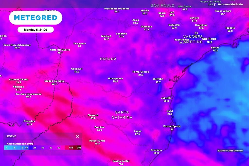 Previsão de chuva acumulada até segunda-feira (5), às 21h.