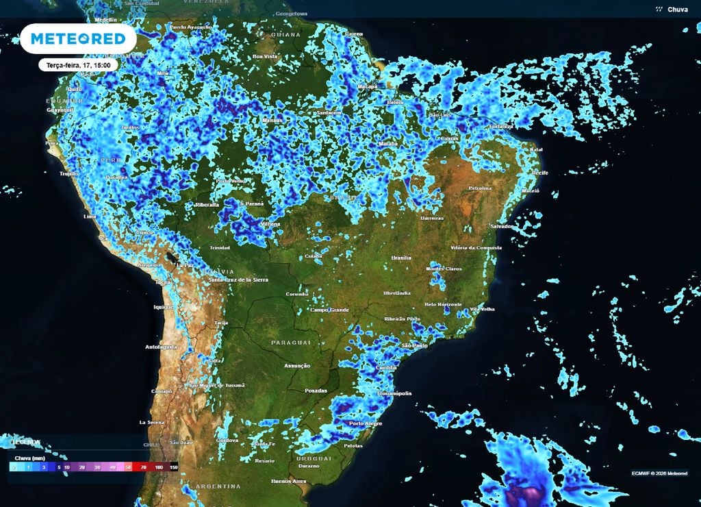 Previsão de chuva para a tarde da terça-feira, 17 de fevereiro.