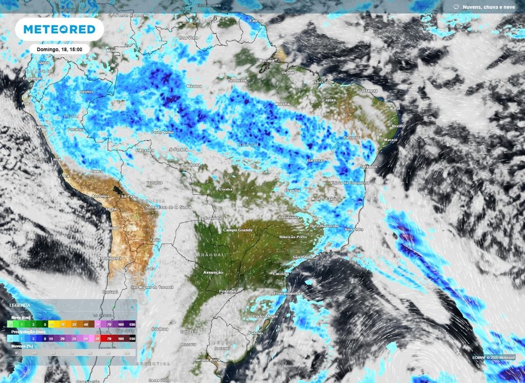 Precipitação para o domingo (18). A previsão mostra a frente fria organizando um corredor de chuva na faixa entre o Amazonas e o leste da Bahia.