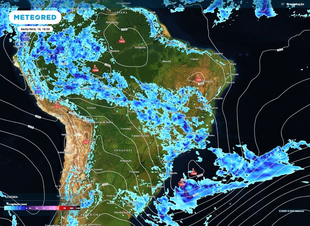 Precipitação e pressão a nível médio do mar. Mapa de chuva e pressão a nível médio do mar. A previsão mostra a formação do ciclone extratropical e sua frente fria auxiliando na organização das chuvas sobre o Sudeste e Centro-Oeste.
