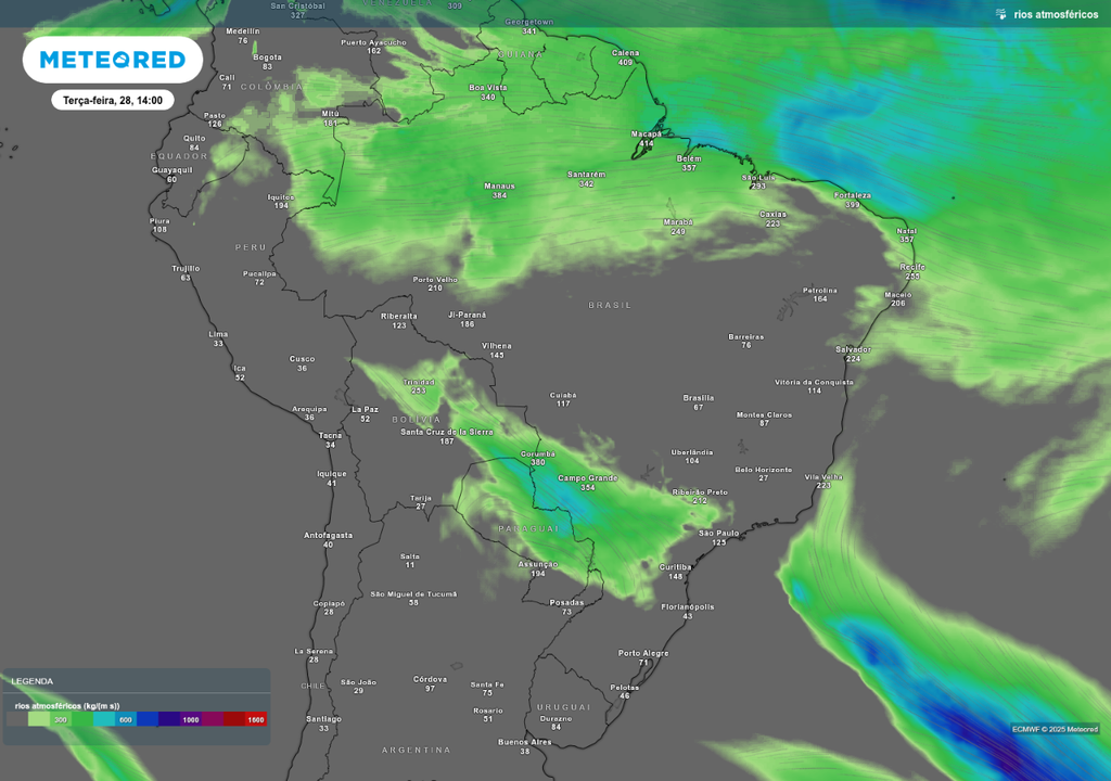 Previsão de rio atmosférico nesta terça-feira (28), de acordo com o ECMWF.