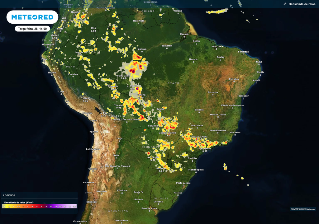 Previsão de tempestades nesta terça-feira (28), de acordo com o ECMWF.