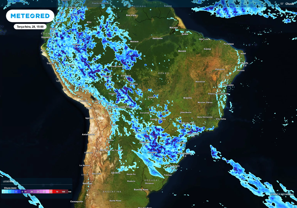 Previsão de chuva nesta terça-feira (28), de acordo com o ECMWF.