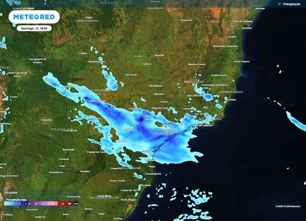 Previsão de chuva para o fim da tarde deste domingo, 13 de setembro.