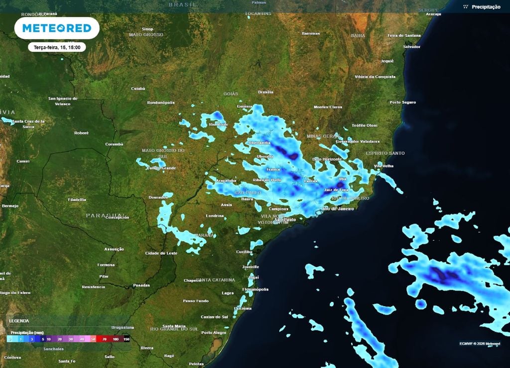 Previsão de chuva para a tarde da terça-feira, 15 de setembro.