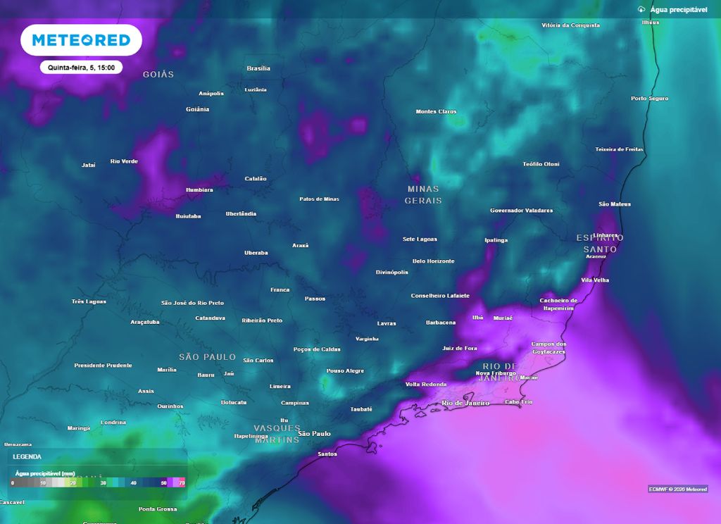Água precipitável para o Sudeste na tarde desta quinta (5).