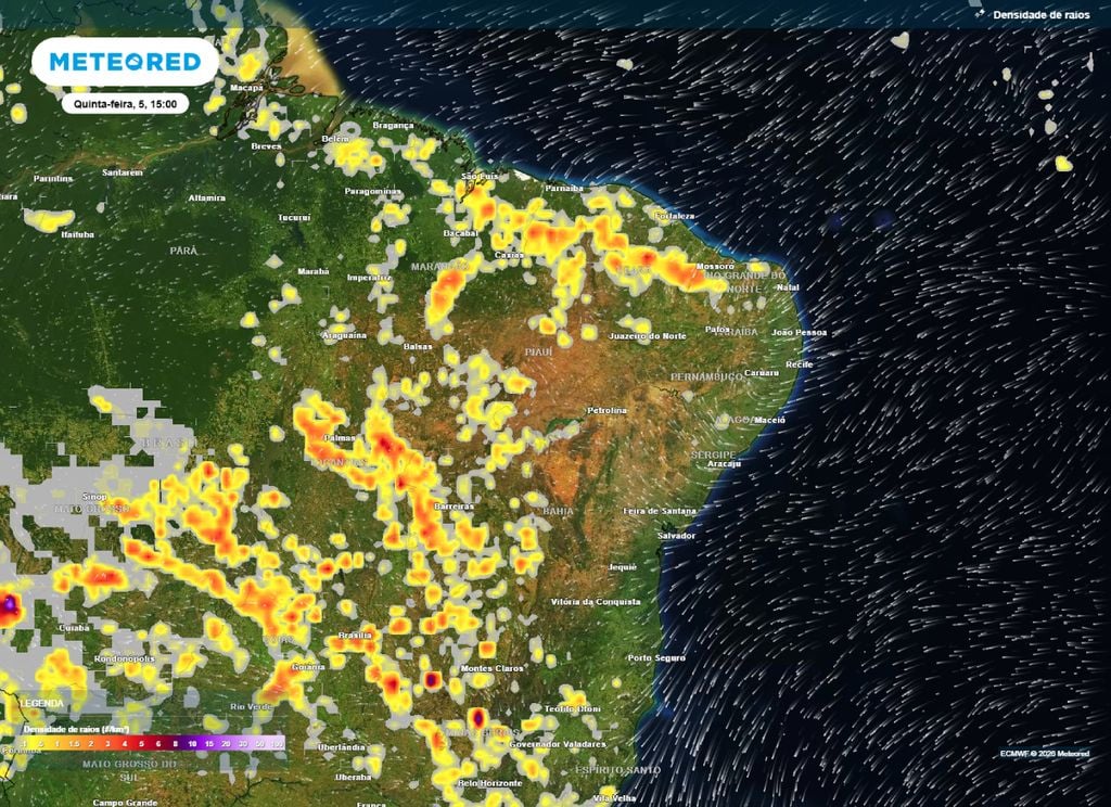 Mapa de densidade de raios mostra áreas propícias a tempestades nesta quinta (5), segundo o modelo ECMWF.