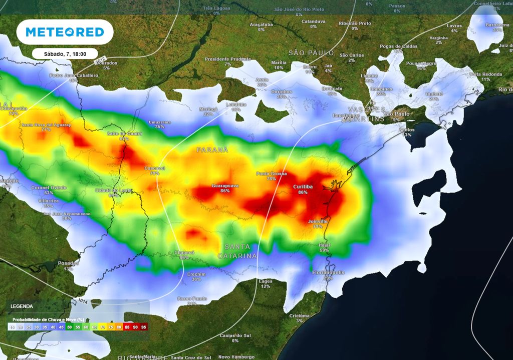 Previsão de probabilidade de chuva no sábado durante a tarde.
