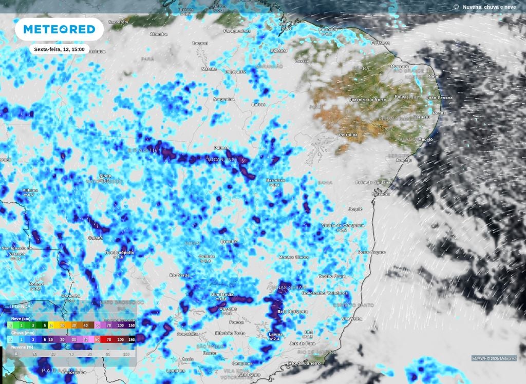 Previsão de precipitação e nebulosidade para a tarde desta sexta-feira (12) sobre a Região Sudeste e Nordeste. Previsão de precipitação e nebulosidade para a tarde desta sexta-feira (12) sobre a Região Sudeste e Nordeste.