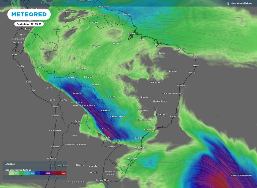 Corredor de umidade previsto para a tarde desta sexta (12). Corredor de umidade previsto para a tarde desta sexta (12).