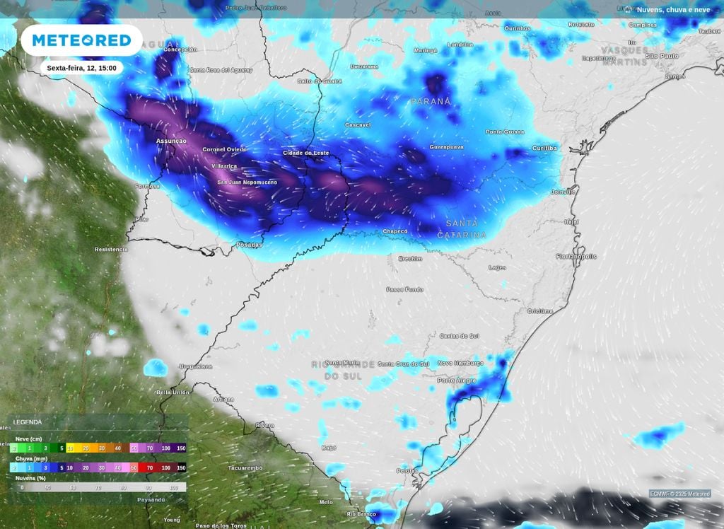 Previsão de precipitação e nebulosidade para a tarde desta sexta-feira (12) sobre a Região Sul. Previsão de precipitação e nebulosidade para a tarde desta sexta-feira (12) sobre a Região Sul.