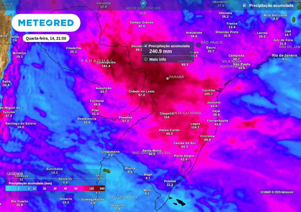 Previsão de chuva acumulada até quarta-feira (14), segundo o ECMWF. Previsão de chuva acumulada até quarta-feira (14), segundo o ECMWF.