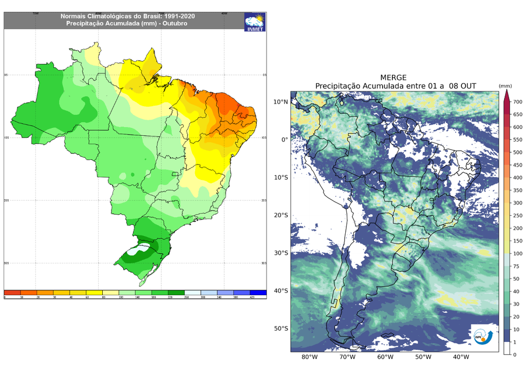 Precipitação normal (1991-2020) de outubro segundo o INMET (esquerda) e chuva acumulada entre 1 e 8 de outubro segundo o CPTEC/INPE (direita). Créditos: Meteored/INMET/CPTEC-INPE. Precipitação normal (1991-2020) de outubro segundo o INMET (esquerda) e chuva acumulada entre 1 e 8 de outubro segundo o CPTEC/INPE (direita). Créditos: Meteored/INMET/CPTEC-INPE.