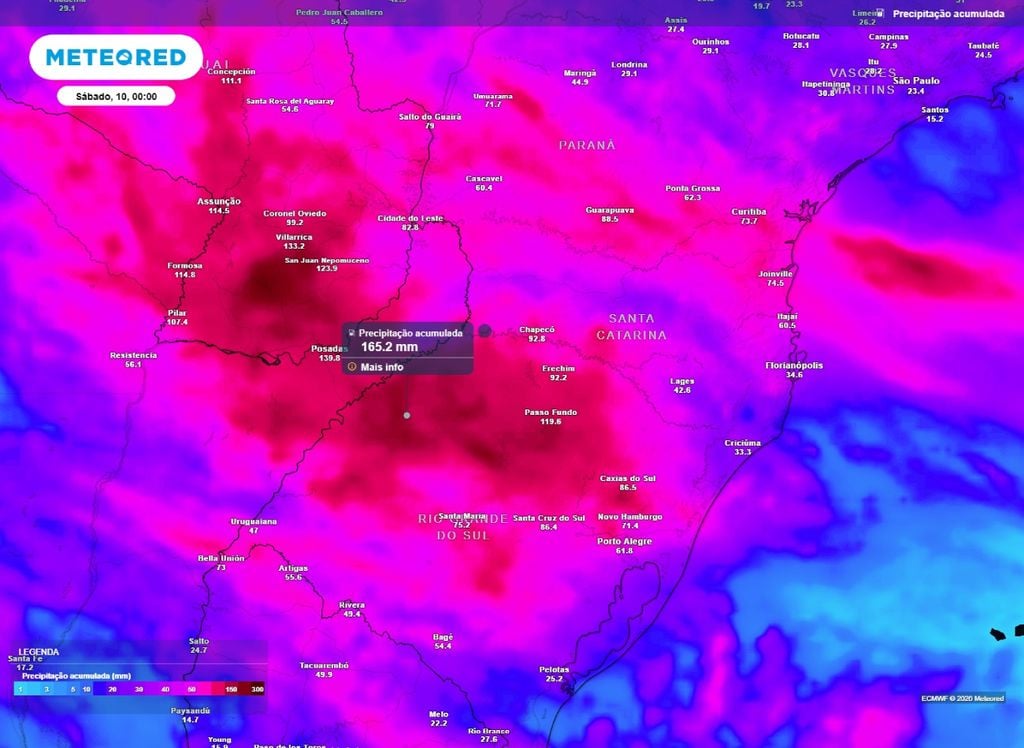 Precipitação acumulada Semana terá grandes acumulados sobre o Sul do Brasil. Até o final da noite de sexta-feira (9), os volumes superam os 150 mm em áreas do RS.