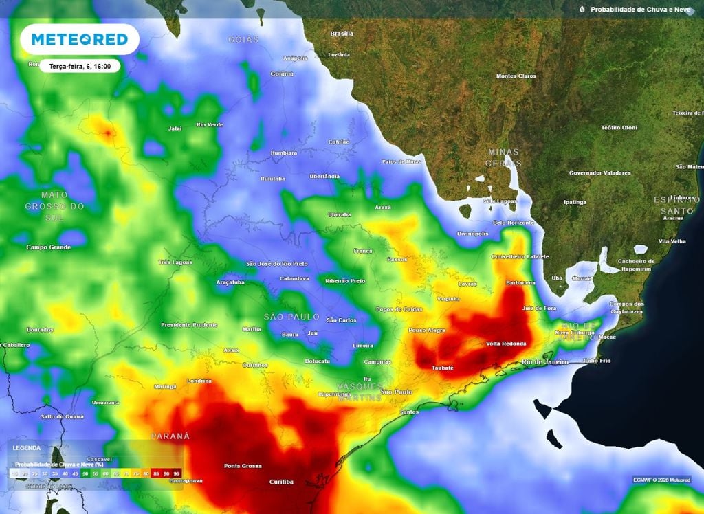 Probabilidade de precipitação Mapa mostra chacnes de chuva na Região Sudeste nesta terça-feira (6).