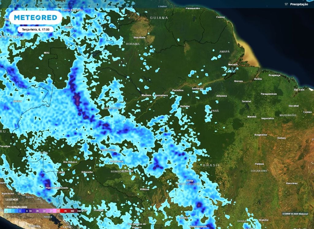 Precipitação acumulada Mapa de chuva para esta terça-feira (6) mostra áreas de instabilidade espalhadas pela Região Norte do Brasil.