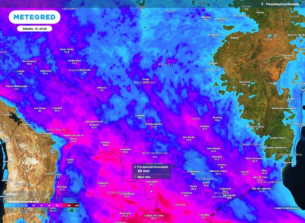 Precipitação acumulada Até o final desta semana, as chuvas com maiores volumes no Centro-Oeste se concentram no MS, superando os 50 mm.