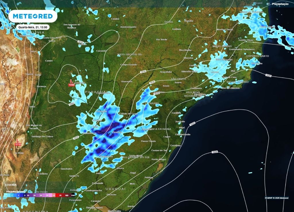 alerta de temporais Previsão de chuva e pressão para o início da tarde da quarta-feira, 21 de outubro.