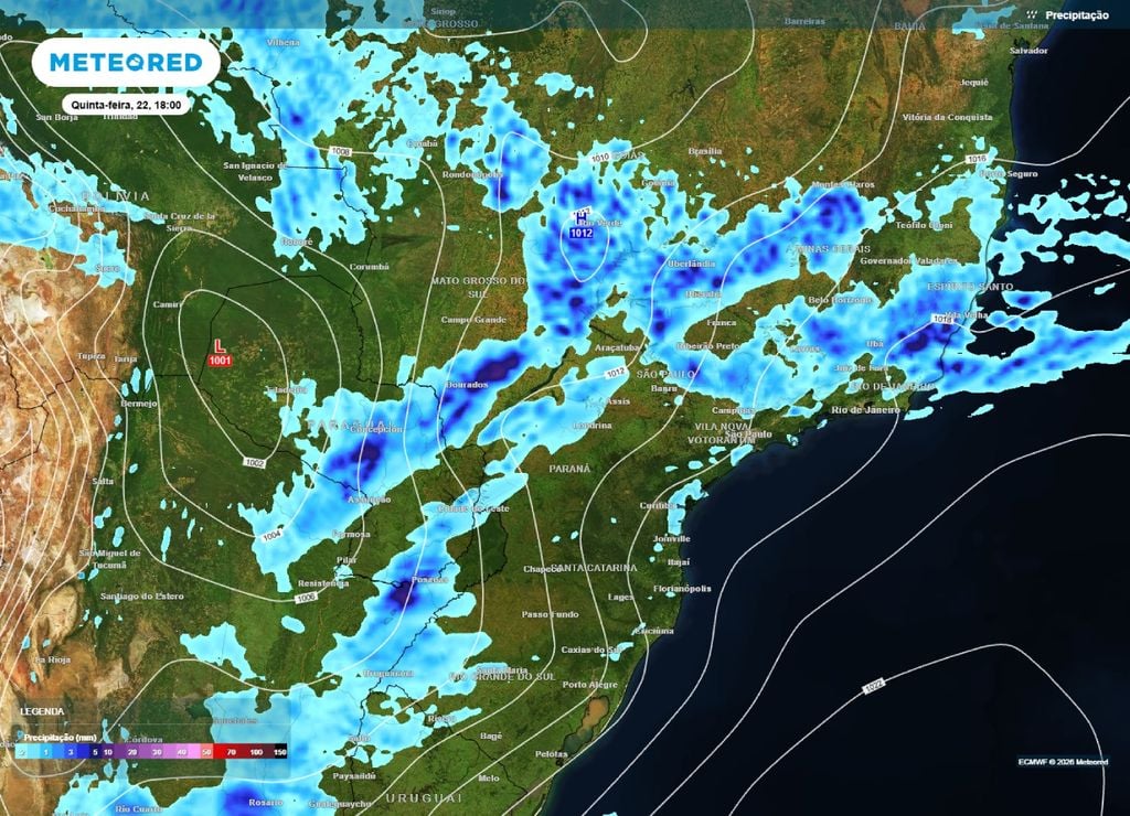 chuvas intensas e temporais Previsão de chuva e pressão para o fim da tarde da quinta-feira, 22 de outubro.