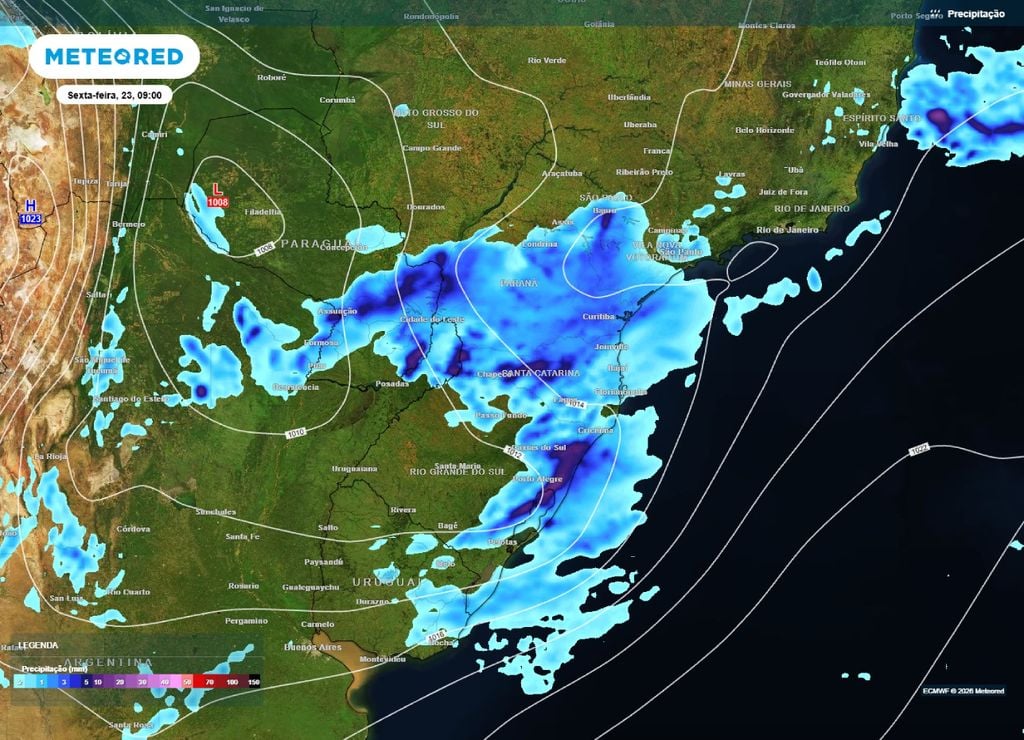 alerta de ciclone Previsão de chuva e pressão para a manhã da sexta-feira, 23 de outubro.