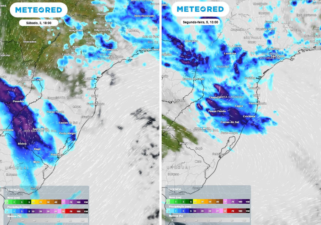 Previsão de chuvas (mm) e nebulosidade (tons cinzas/brancos) para sábado (3) às 18h à esquerda e segunda-feira (5) às 13h à direita, segundo o modelo europeu ECMWF.