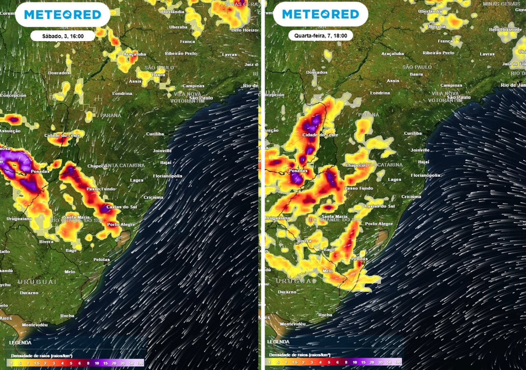Previsão de densidade de raios para sábado (3) às 16h à esquerda e quarta-feira (7) às 18h à direita, segundo o modelo europeu ECMWF.