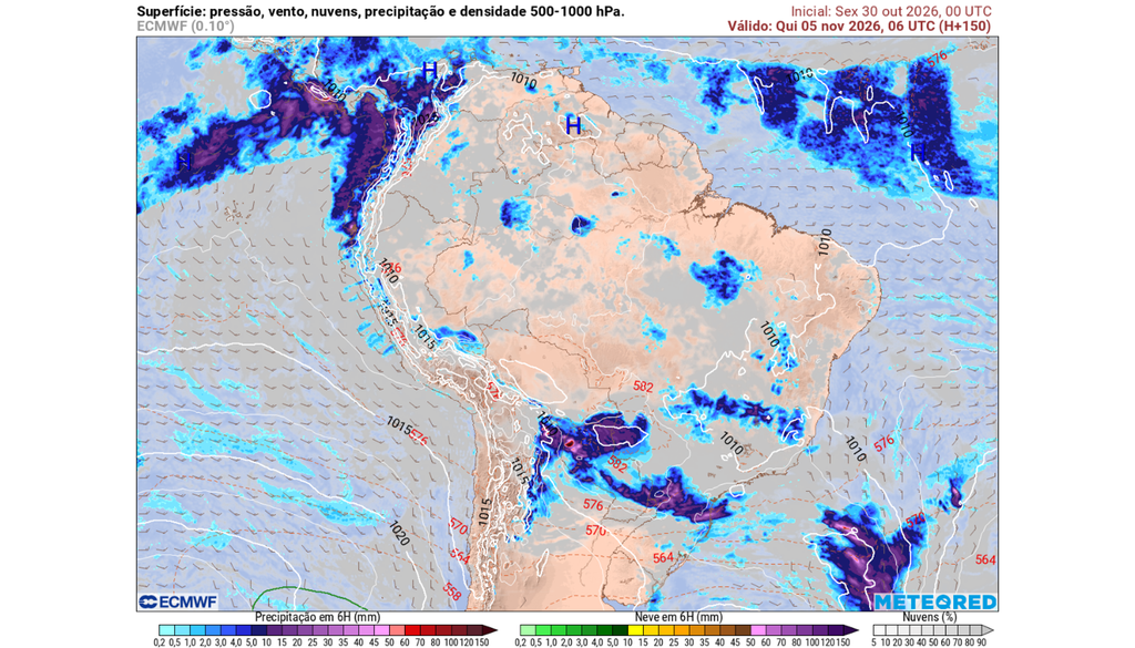 Tendência indica que as chuvas fortes e os temporais podem continuar atuando em grande parte do Sul do Brasil até a quinta-feira (5) da semana que vem.