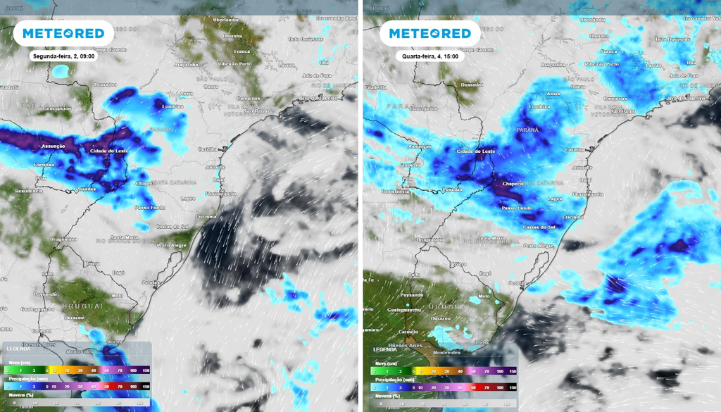 Previsão de precipitação (mm) e nebulosidade para segunda-feira (2) às 9h à esquerda e para quarta-feira (4) às 15h à direita.