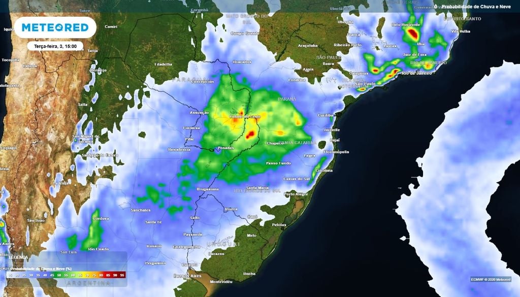 Previsão da probabilidade (%) de precipitação para a terça-feira (3) às 15h.