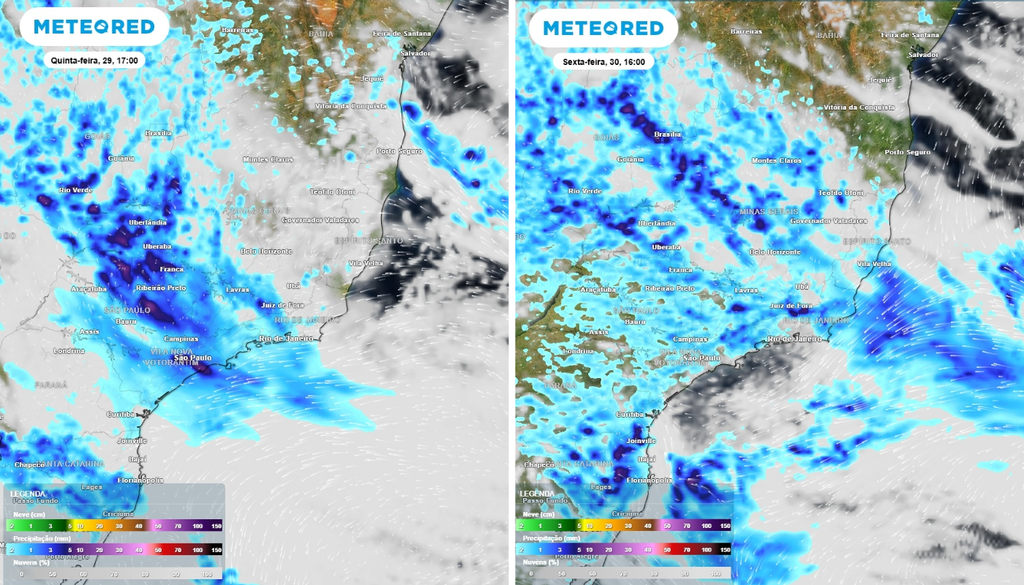 Previsão de chuvas (mm) para quinta-feira (29) às 17h à esquerda e para sexta-feira (30) às 16h à direita, segundo o modelo europeu ECMWF.
